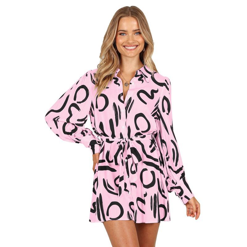 セオリア レディース トップス ワンピース ボタンダウン シャツ ダウン Seoria Women Button Down Shirt Dress with Belt Pink ピンク
