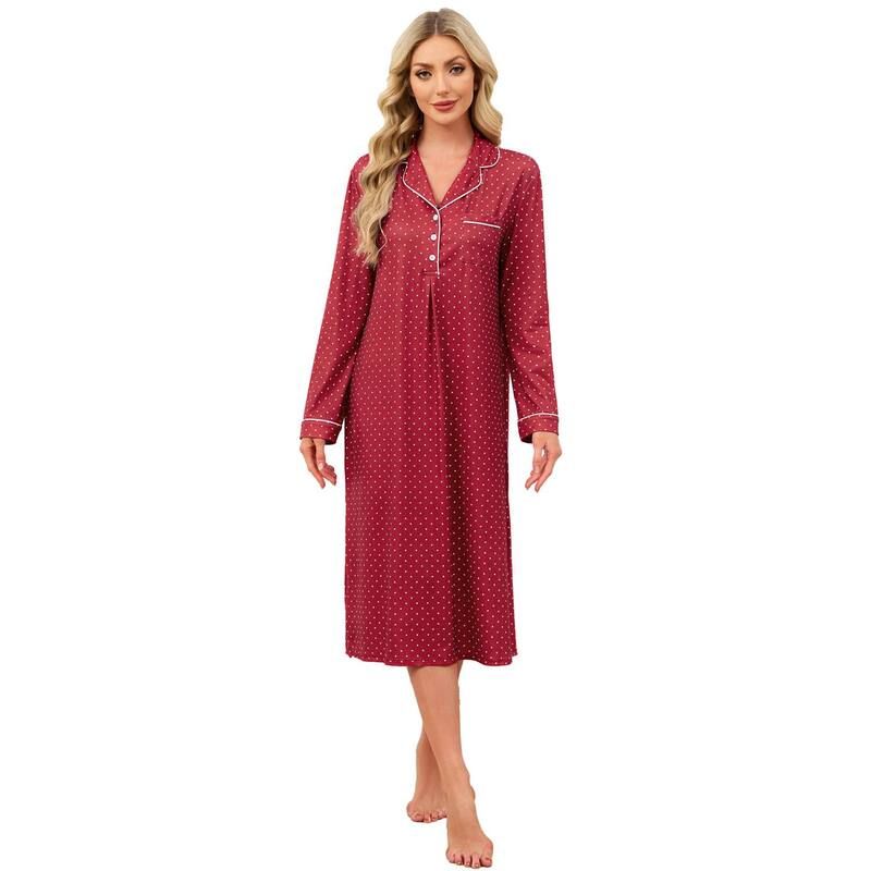 セオリア レディース アンダーウェア ナイトウェア ミディ Seoria Women Midi Pajamas Dress Long Sleeve Nightgown Red レッド