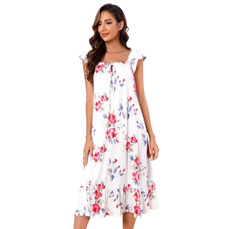 セオリア レディース アンダーウェア ナイトウェア プリント フリル Seoria Women Casual Sleepwearuffle Printed Shift Sleepdress White