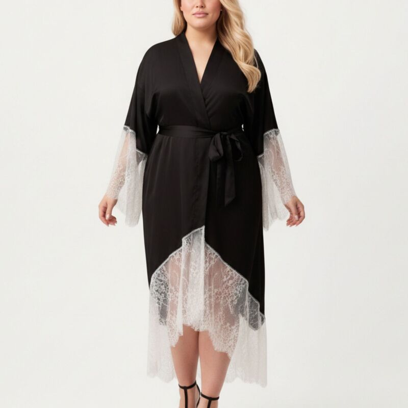 アンナカシ レディース アンダーウェア ナイトウェア プラスサイズ シアー レース AnnaKaci Womens Plusize Long Robe with Sheer Lace Hem and