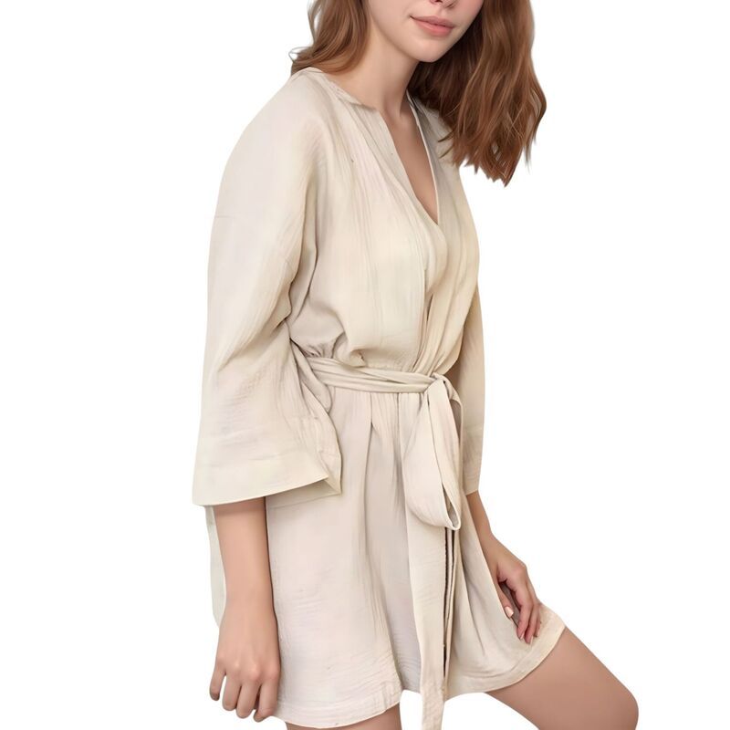 アンナカシ レディース アンダーウェア ナイトウェア AnnaKaci Womens Woven Textured Bath Robe with Waistie and Wide Sleeves Li