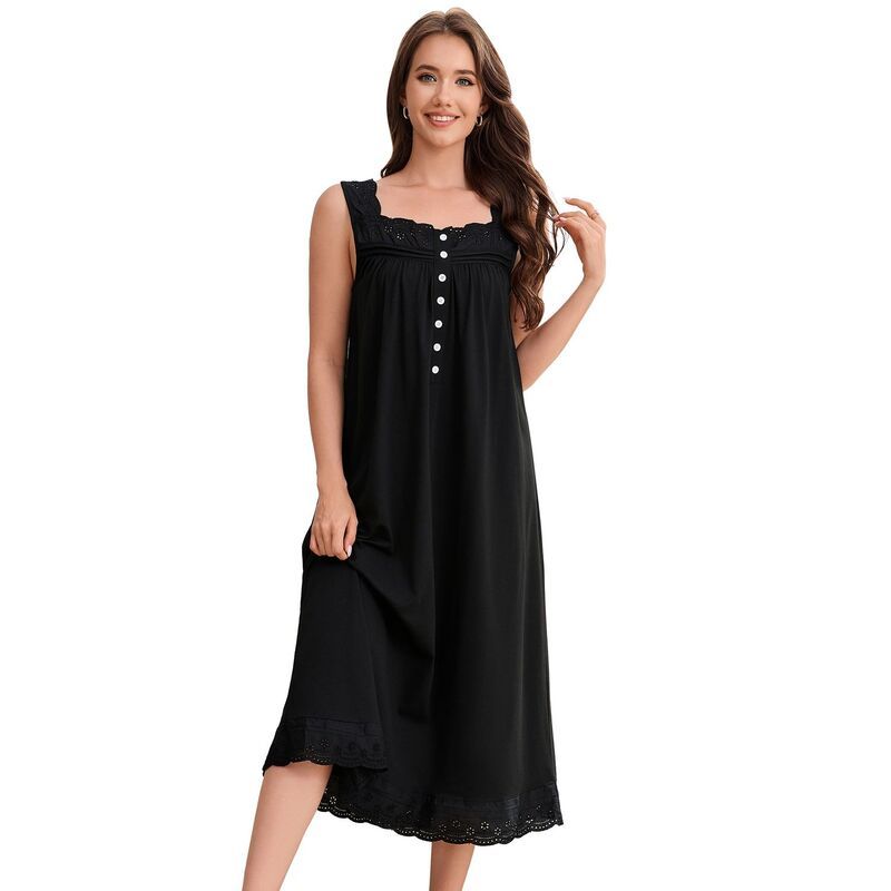 セオリア レディース アンダーウェア ナイトウェア ノースリーブ Seoria Women Sleeveless Nightgown Shift Button Sleep Dress Black ブラ