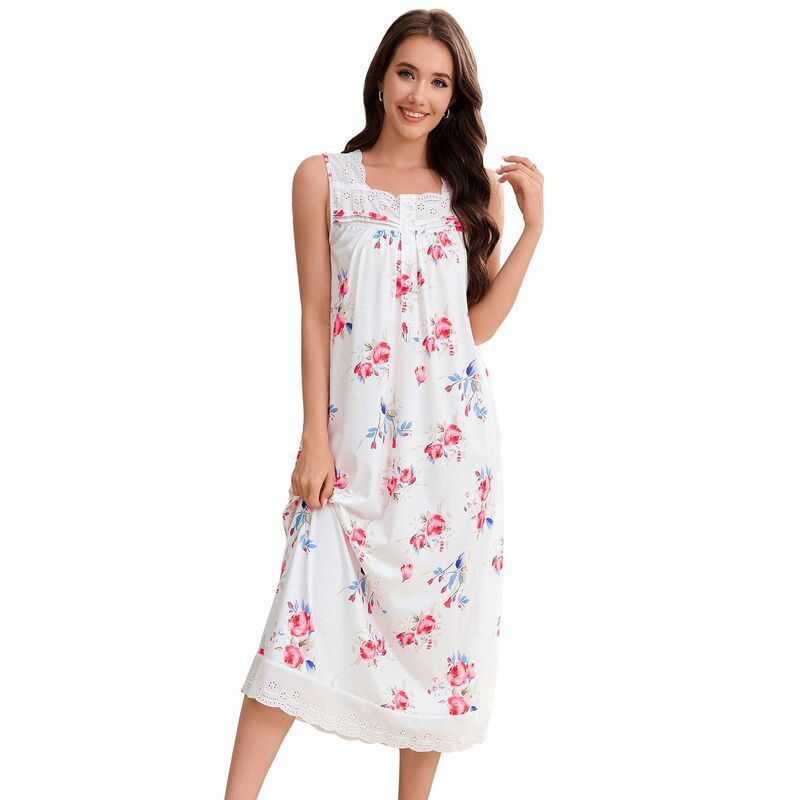 セオリア レディース アンダーウェア ナイトウェア ノースリーブ Seoria Women Sleeveless Nightgown Shift Button Sleep Dress White Re