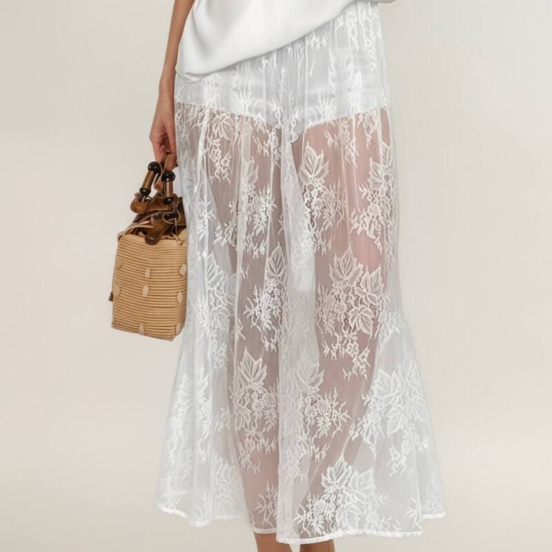 アンナカシ レディース ボトムスカート フラワー柄 ドレープ ミディ シアー 刺繍 レース フラワー AnnaKaci Women s Floralace Midi Skirt with Sheer