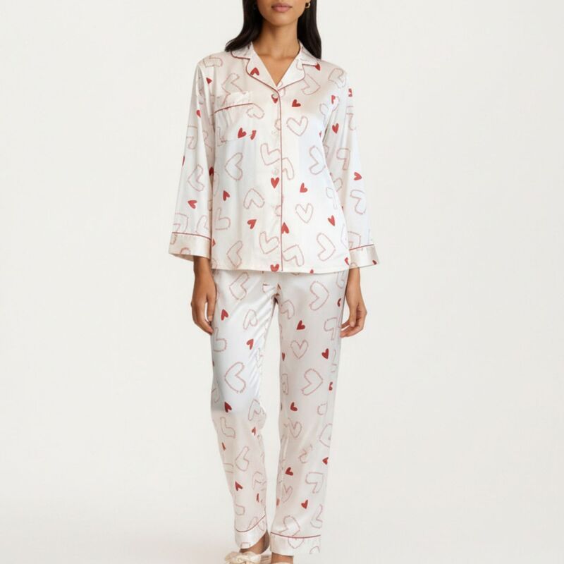 アンナカシ レディース アンダーウェア ナイトウェア リラックスフィット プリント パンツ サテン AnnaKaci Womens 2Piece Set Heart Print Satin Butto