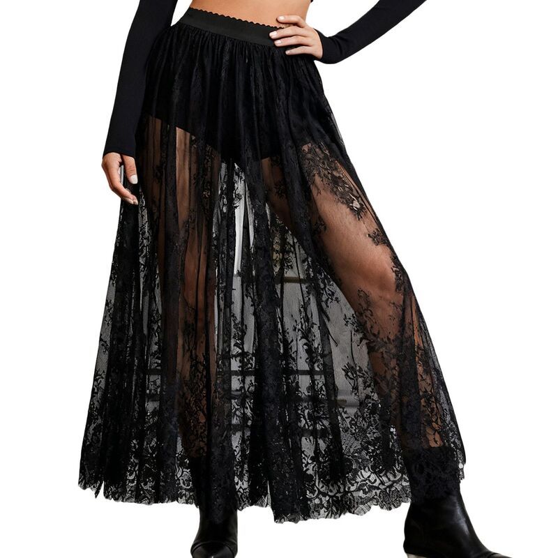 クリアフラワー レディース ボトムスカート シアー レース マキシ ClearFlower Womens Gothic Lace Maxi Skirt Dark SemiSheer Fashion S