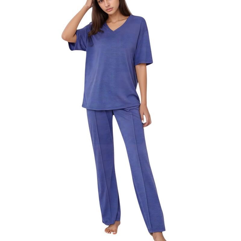 アンナカシ レディース アンダーウェア ナイトウェア リラックスフィット ワイドレッグ Vネック パンツ ニット AnnaKaci Womenshort Sleeve VNeck Pajama Set
