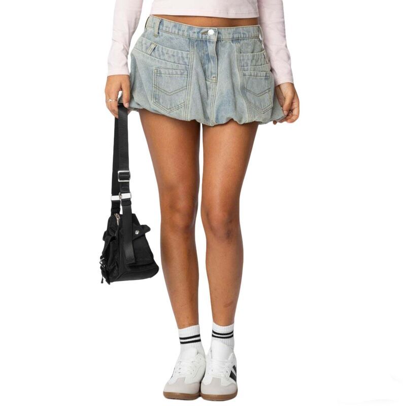 クリアフラワー レディース ボトムスカート A ライン ギャザー ミニ デニム ハイウエスト ClearFlower Flared ALine Jean Skirt with Pocket Cute