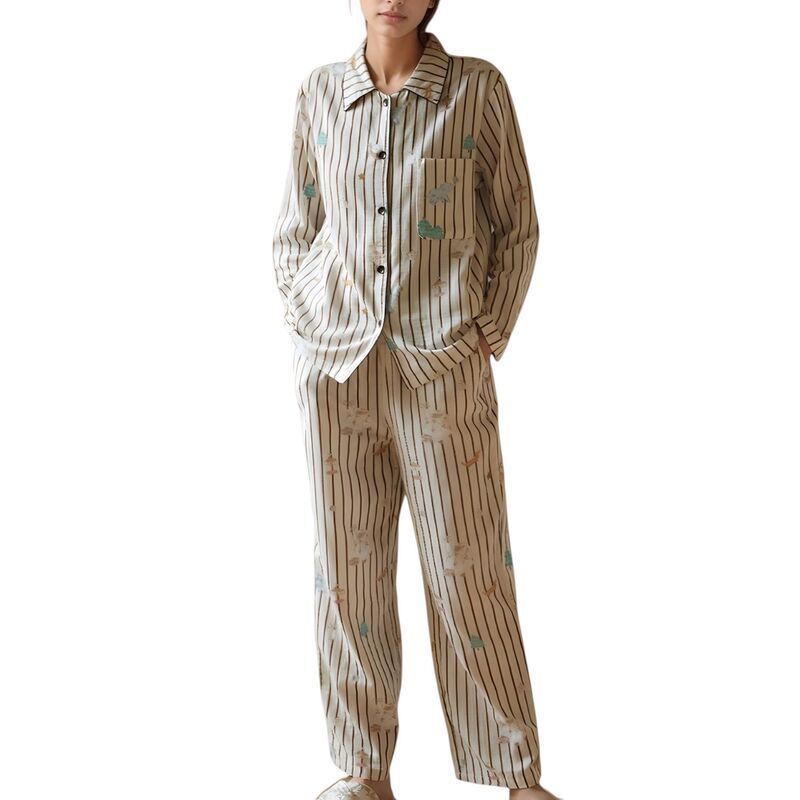 アンナカシ レディース アンダーウェア ナイトウェア プリント パンツ シャツ サテン AnnaKaci Womensatin Striped Pajama Set with Button Up Lo