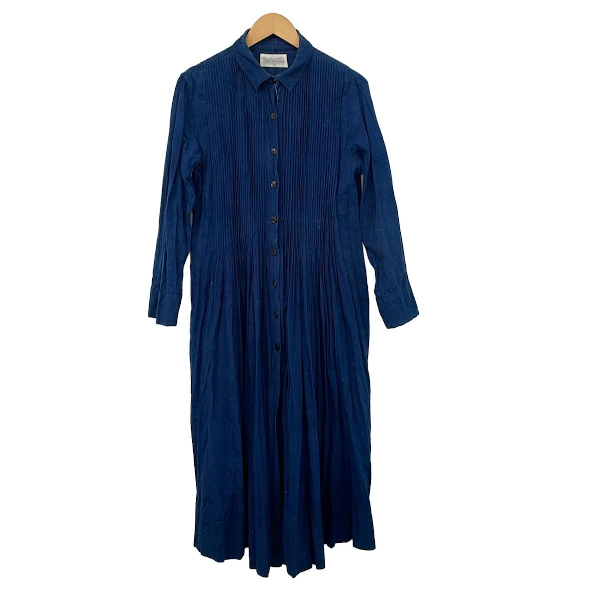 Khadi and Co(カディアンドコー) ワンピース サイズL レディース美品 - ネイビー レギュラーカラー/長袖/マキシ丈/シャツワンピ/プリーツ