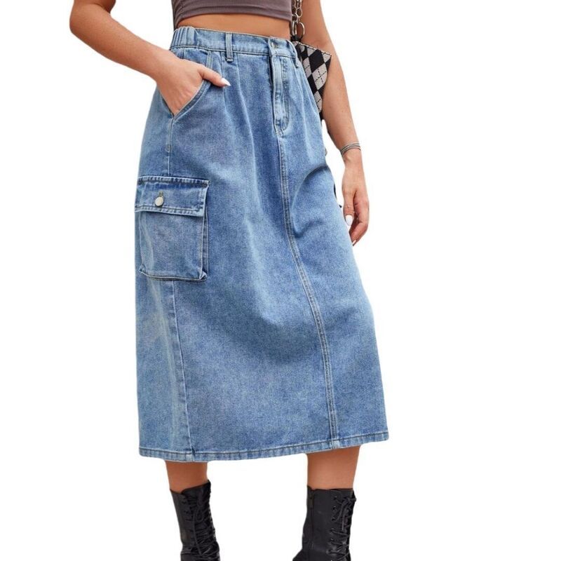 イエスファッション レディース ボトムスカート A ライン ミディ デニム Yesfashion Womens Casual Elastic Waist Pockets Work Midi Denim