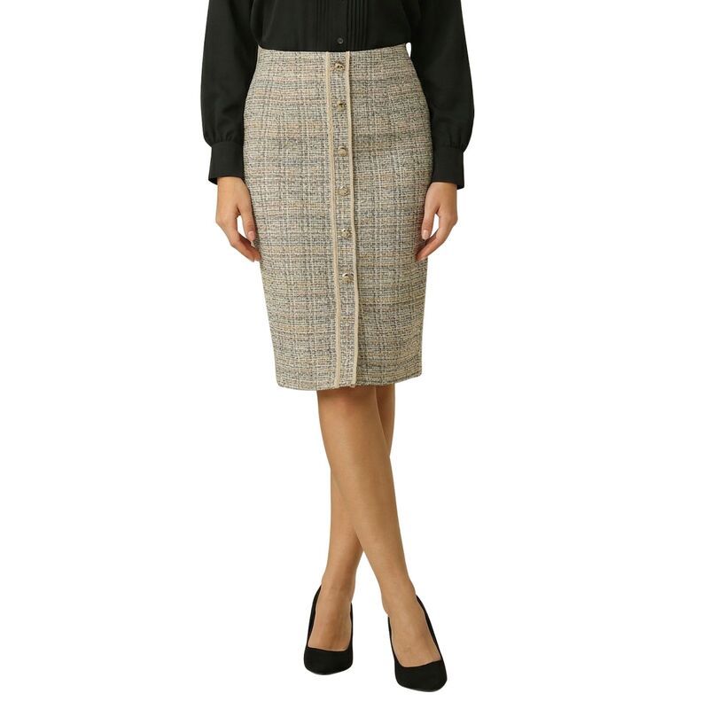 ホンベティ レディース ボトムスカート ひざ丈 ハイウエスト ツイード Hombety Womens Tweed Skirt Elegant High Waist Button Decor Knee