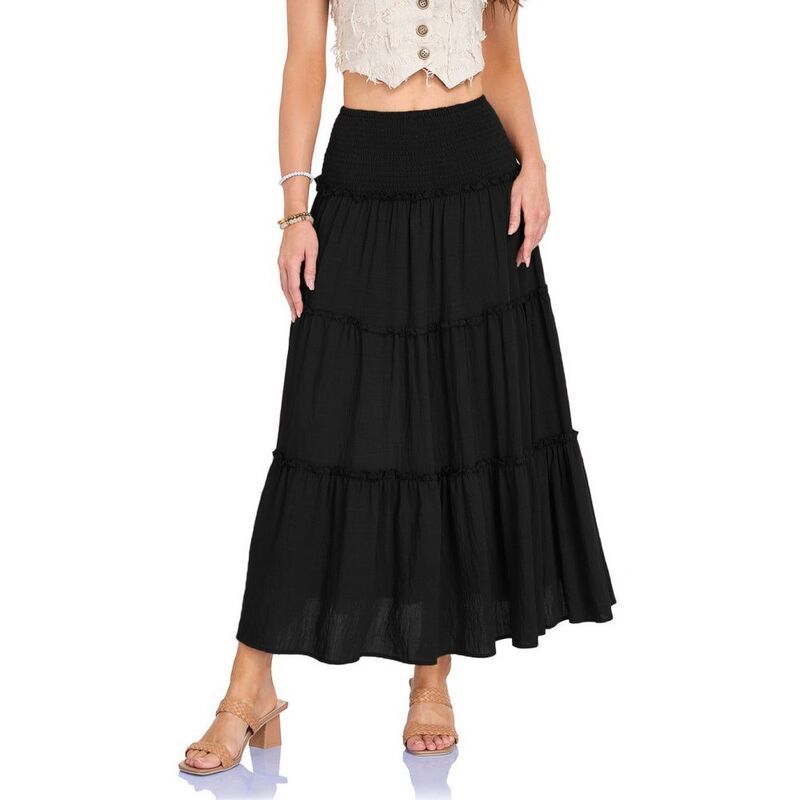 イエスファッション レディース ボトムスカート ティアード A ライン ハイウエスト マキシ Yesfashion Long Skirts for Women Boho Maxi SkirtSwing