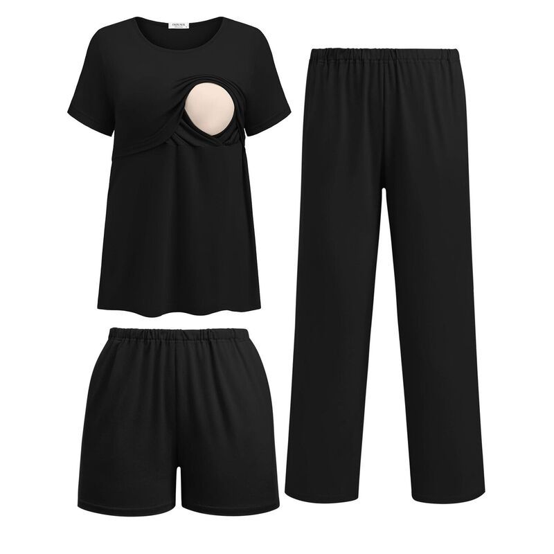 エコアー レディース アンダーウェア ナイトウェア パンツ ショートパンツ マタニティ Ekouaer Womens 3Piece Maternity Nursing Pajama Set with