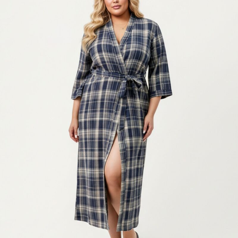 アンナカシ レディース アンダーウェア ナイトウェア プラスサイズ AnnaKaci Womens PLusize Plaid Long Robe with Brushed Texture Adjus