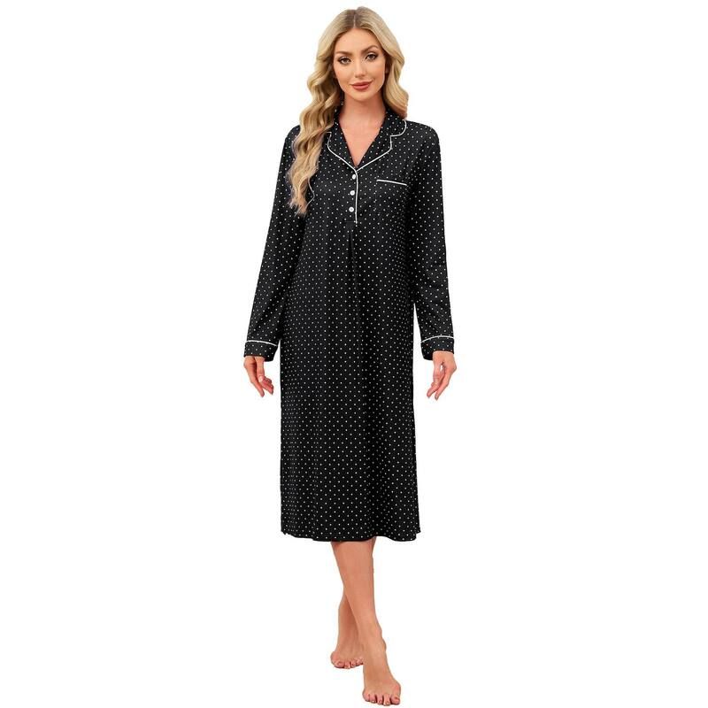 エリートスピリット レディース アンダーウェア ナイトウェア ドット柄 ドット プリント EliteSpirit Women Polka Dot Print Lapel Neck Nightdress