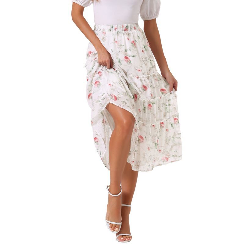 アレグラ ケー レディース ボトムスカート ティアード フラワー柄 プリント フリル マキシ フラワー ALLEGRA K Womens Floral Print Elastic Waist Ruff