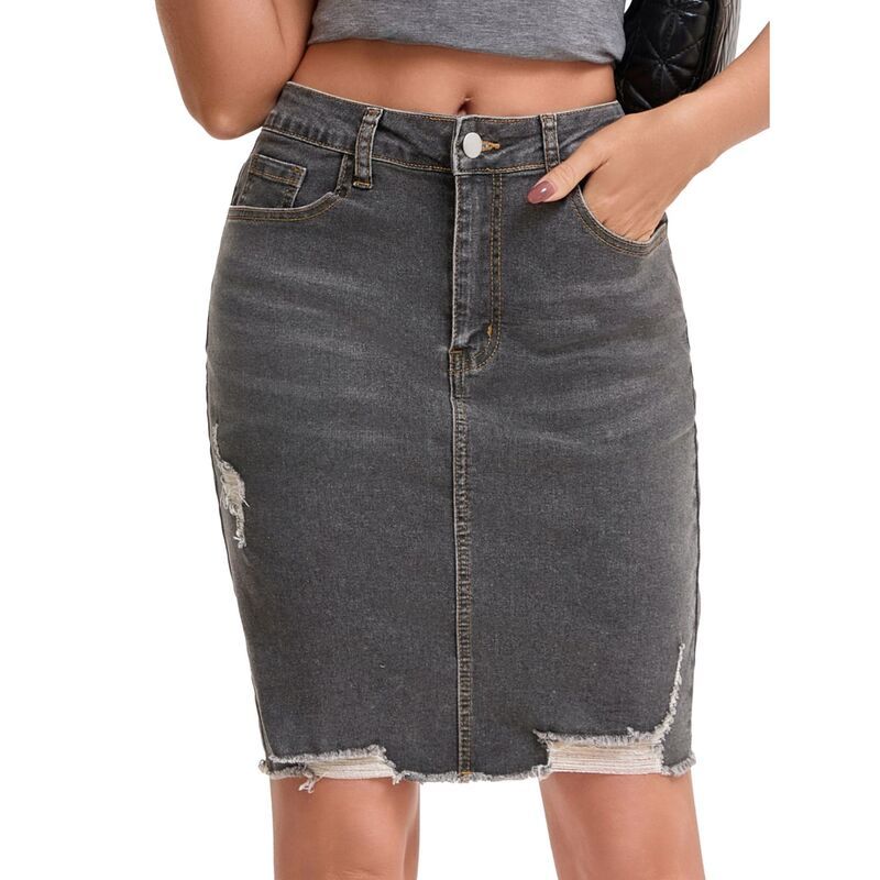 インスパイア シック レディース ボトムスカート デニム INSPIRE CHIC Womens Denim Skirt Ripped Raw Hem High Waisted Stretch Abo