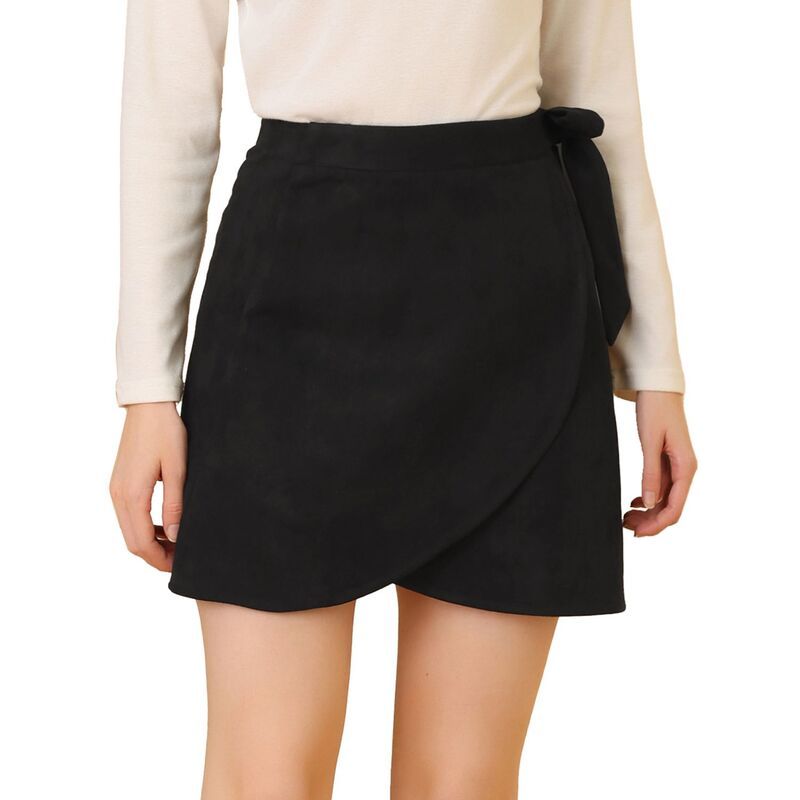 アレグラ ケー レディース ボトムスカート A ライン ミニ スエード ALLEGRA K Womens Faux Suede Tie Waisted ALine Wrap Short Mini Sk