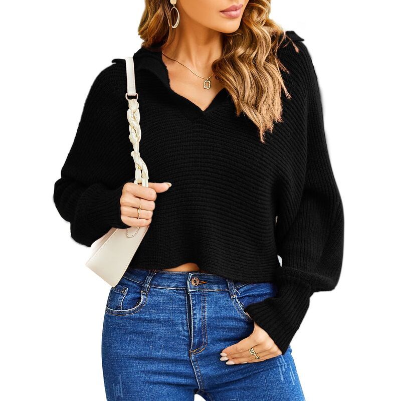 コジョイン レディース アウター ニット・セーター Vネック ポロシャツ Kojooin Women Soild Polo V Neck Sweater Long Sleeve Knitwear Pu