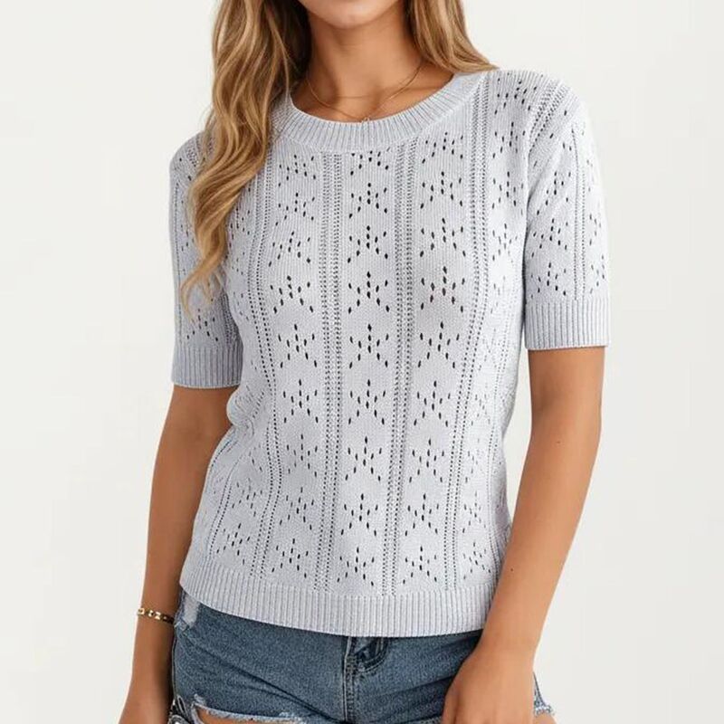 アンナカシ レディース アウター ニット・セーター リラックスフィット クルーネック AnnaKaci Womenshort Sleeve Open Knit Pullover Sweater Top