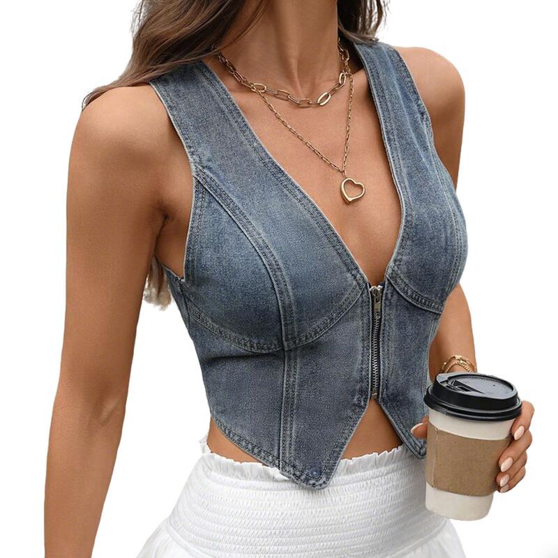 クリアフラワー レディース アウター ジャケット・ブルゾン ベスト ノースリーブ クロップド デニム ClearFlower Womensleeveless Denim Vest Cropped Zi