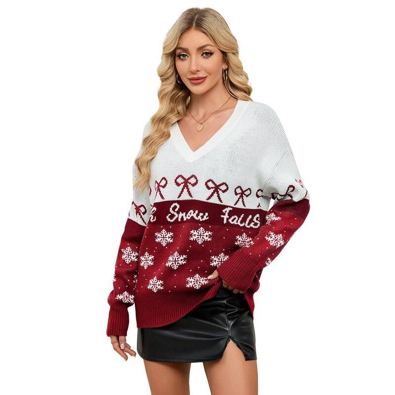 コジョイン レディース アウター ニット・セーター Kojooin Womens Christmas Pullover Sweater Snowflake Color Blocknitop Red レ