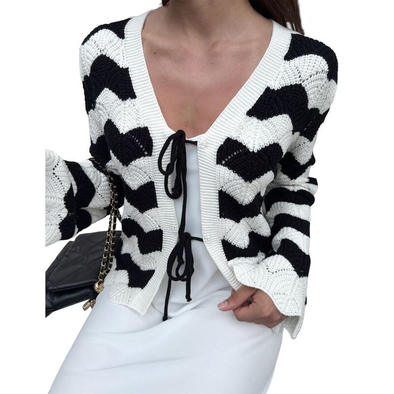 コジョイン レディース アウター ニット・セーター Vネック カーディガン Kojooin Womens Frontie Long Sleeve Stripe Color Block Wavy Hem