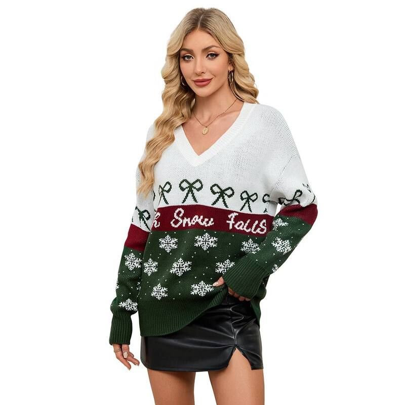 コジョイン レディース アウター ニット・セーター Kojooin Womens Christmas Pullover Sweater Snowflake Color Blocknitop Green