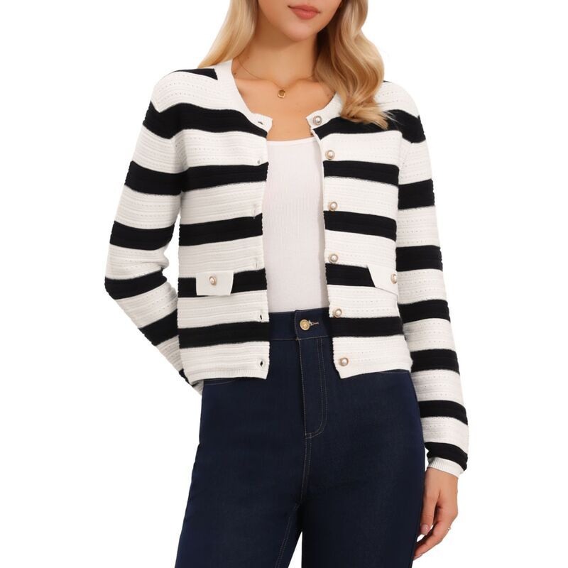 インスパイア シック レディース アウター ニット・セーター ボタンダウン クルーネック カーディガン コート ダウン INSPIRE CHIC Striped Cardigan Sweater fo
