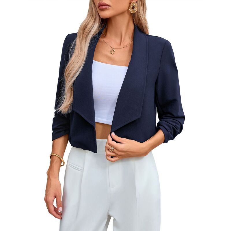 コジョイン レディース アウター ジャケット・ブルゾン ギャザー クロップド ブレザー Kojooin Womens Notched Lapel Ruched Sleeve Jackets Busin