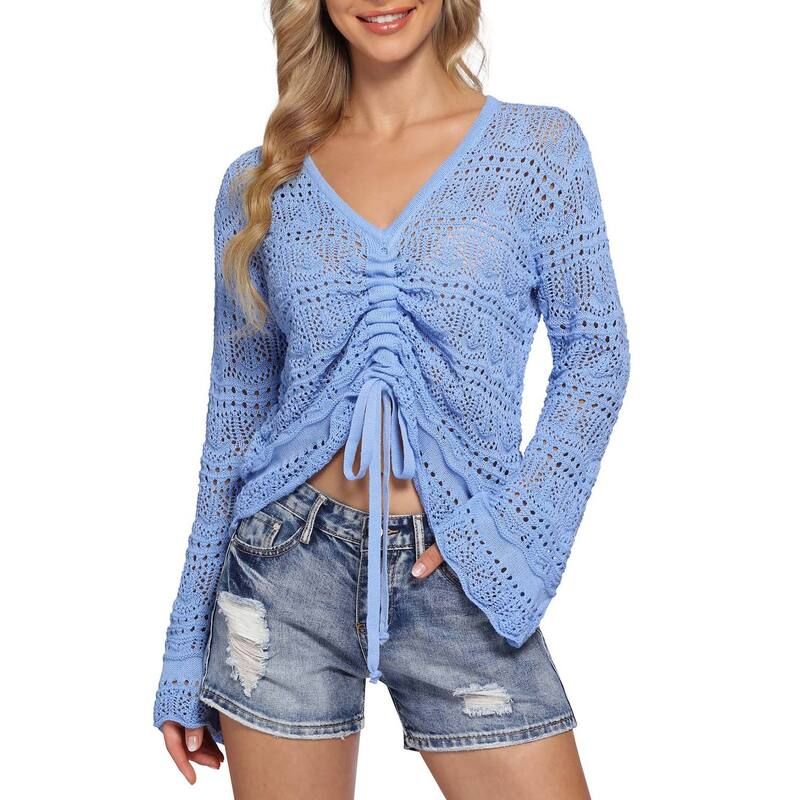 コジョイン レディース アウター ニット・セーター Kojooin Women Knit Crop Tops Tie Front Bellong Sleeve Shrug Sweaters Blue