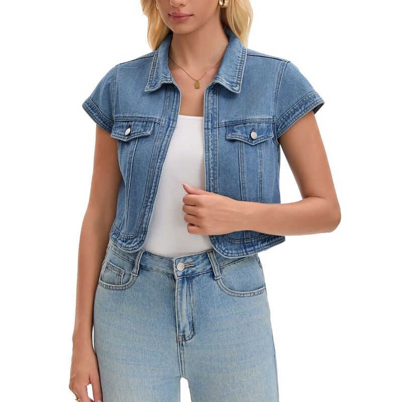 インスパイア シック レディース アウター ジャケット・ブルゾン クロップド デニム キャップ INSPIRE CHIC Womens Denim Shrug Collared Cap Sleeves