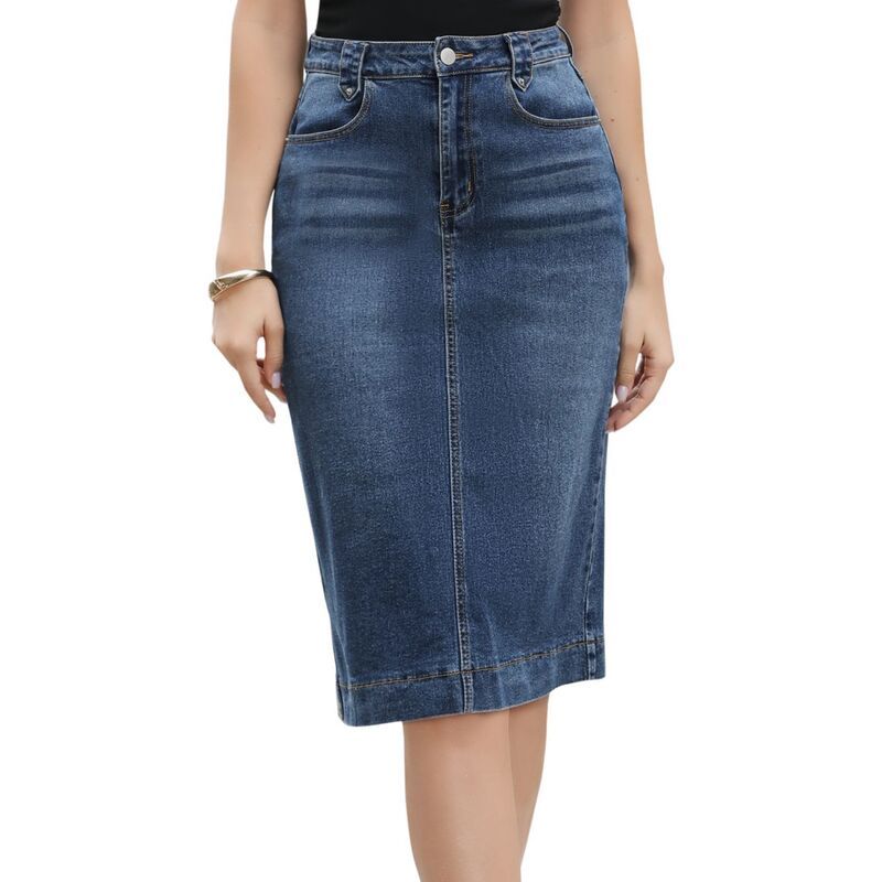 インスパイア シック レディース ボトムスカート ひざ丈 ハイウエスト デニム INSPIRE CHIC Denim Skirt for Women High Waist Split Back Poc