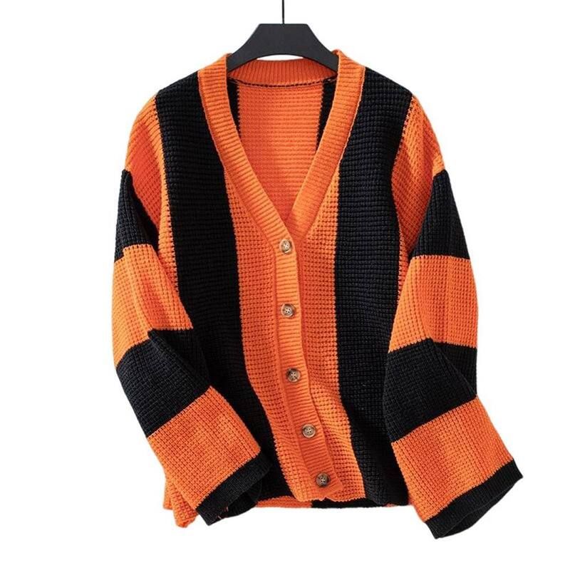 セオリア レディース アウター ニット・セーター コントラスト カーディガン Seoria Womens Contrasting Striped Cardigan Loose Sweaterust R