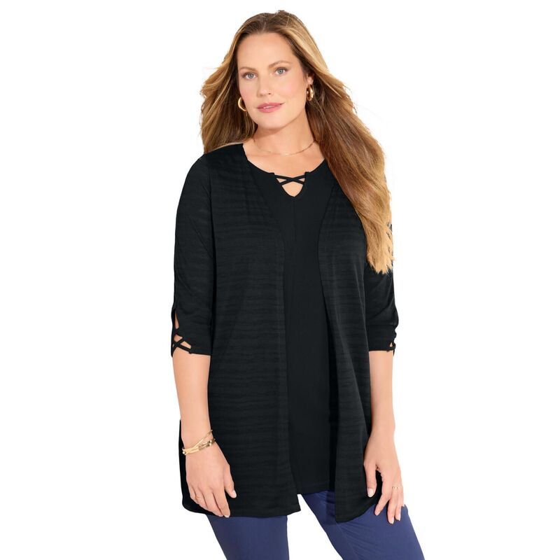 キャサリンズ レディース アウター ニット・セーター プラスサイズ カーディガン Catherines Womens Plusize Shadow Stripe Cardigan Black ブラック