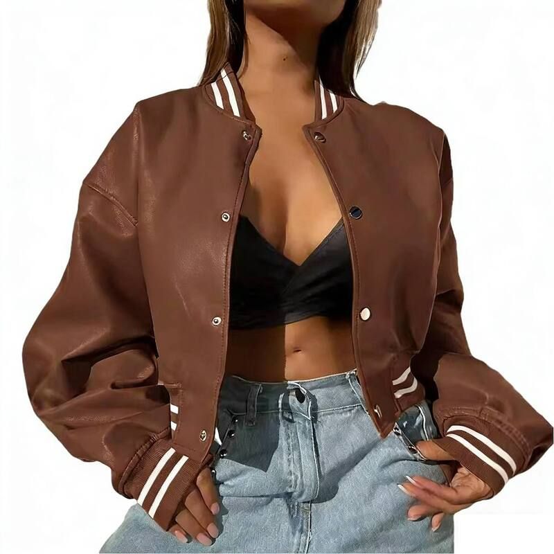 コジョイン レディース アウター ジャケット・ブルゾン レザー フェイクレザー Kojooin Women Causal Baseball Top Faux Leather Snap Button J