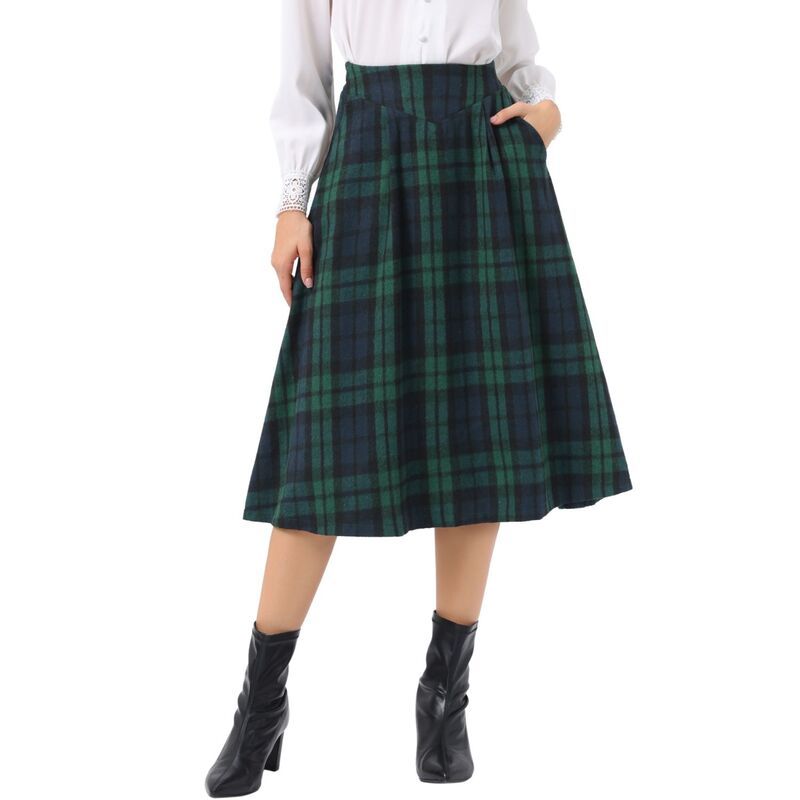 インスパイア シック レディース ボトムスカート ヴィンテージ A ライン ハイウエスト プリーツ ミディ INSPIRE CHIC Plaid Skirts for Womens Vintage H