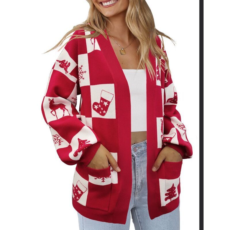 イエスファッション レディース アウター ニット・セーター カーディガン Yesfashion Womens Plaid Cardigan Ugly Xmasoft Long Sleeves Casu