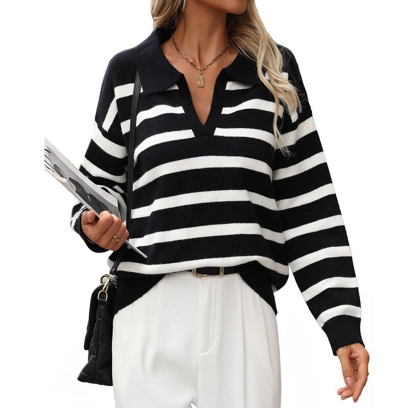 セオリア レディース アウター ニット・セーター Vネック Seoria Women Striped Sweater Collared Long Sleeve V Neck Pullover Knit