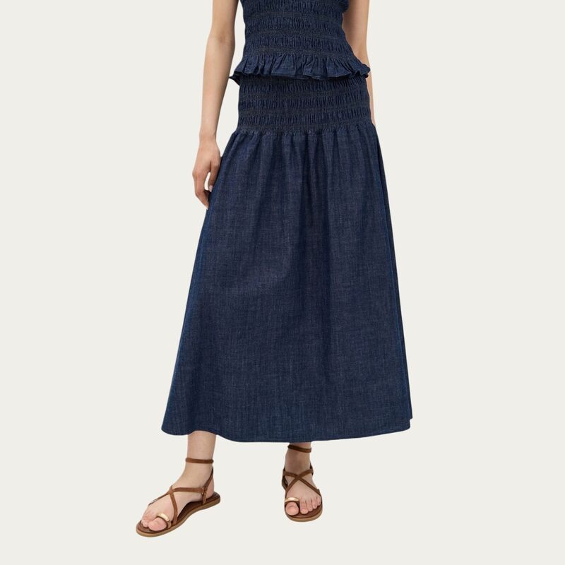アンナカシ レディース ボトムスカート A ライン シャーリング デニム マキシ AnnaKaci Women s Denimaxi Skirt with Smocked Waist Detail a