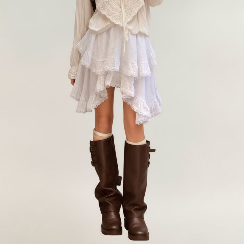 アンナカシ レディース ボトムスカート ティアード アシンメトリー フリル レース AnnaKaci Womens Tiered Ruffle Lace Hem Skirt with Asymmetr