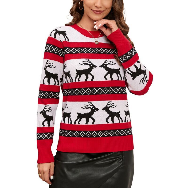 コジョイン レディース アウター ニット・セーター コントラスト Kojooin Womens Pullover Sweater Contrast Christmas Elknitop Red レッド