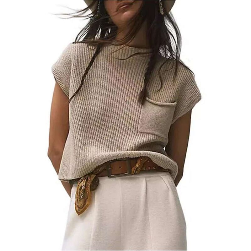 イエスファッション レディース アウター ニット・セーター クルーネック リブ ベスト コットン Yesfashion Womenshort Sleeve Sweater Vestrendy Cott