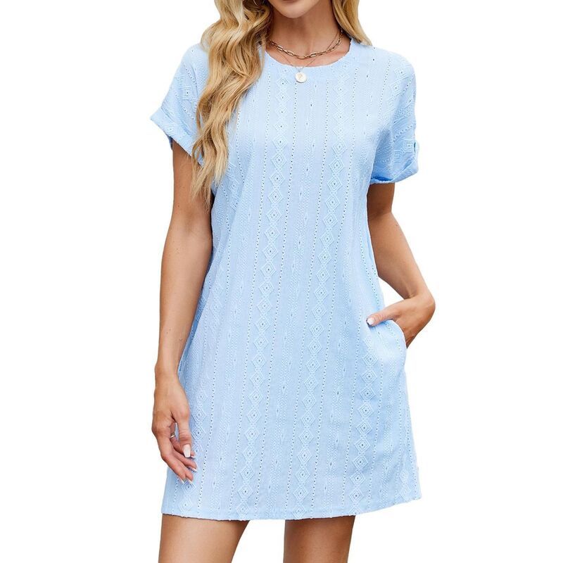 クリアフラワー レディース トップス ワンピース クルーネック ミニ ClearFlower Womensummer Casual Short Sleeve Mini Dressolid Color