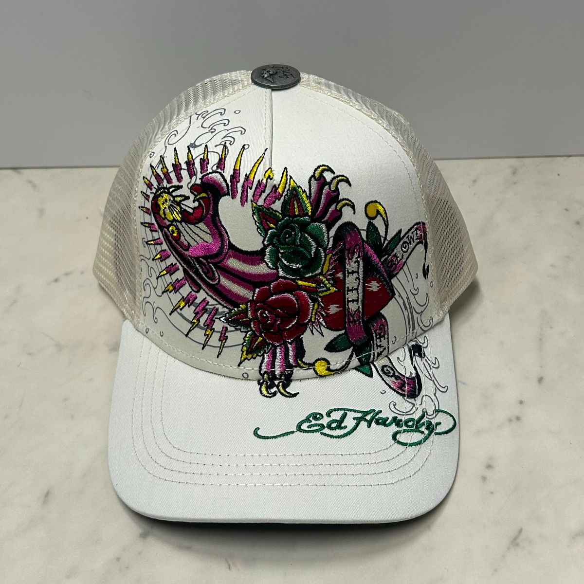 USA仕様 Ed Hardy エドハーディ Pink Panther ピンクパンサー メッシュ トラッカーキャップ Ivory (EDC16)