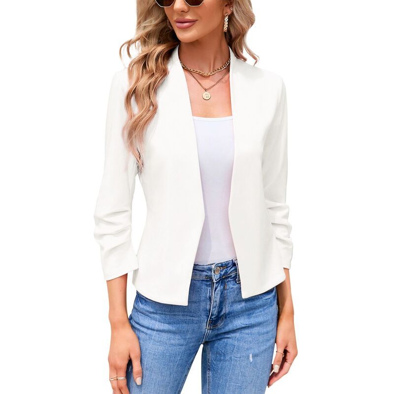 セオリア レディース アウター ジャケット・ブルゾン ギャザー ブレザー Seoria Womens Collarless Blazeruched 34 Sleeve Open Front Busin