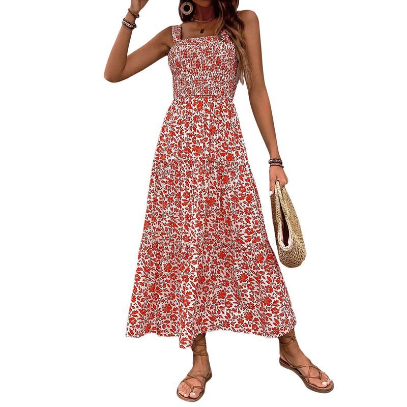 セオリア レディース トップス ワンピース A ライン フラワー柄 フラワー Seoria Women Floral Square Neck Dresstrapped Swing A Line Bea