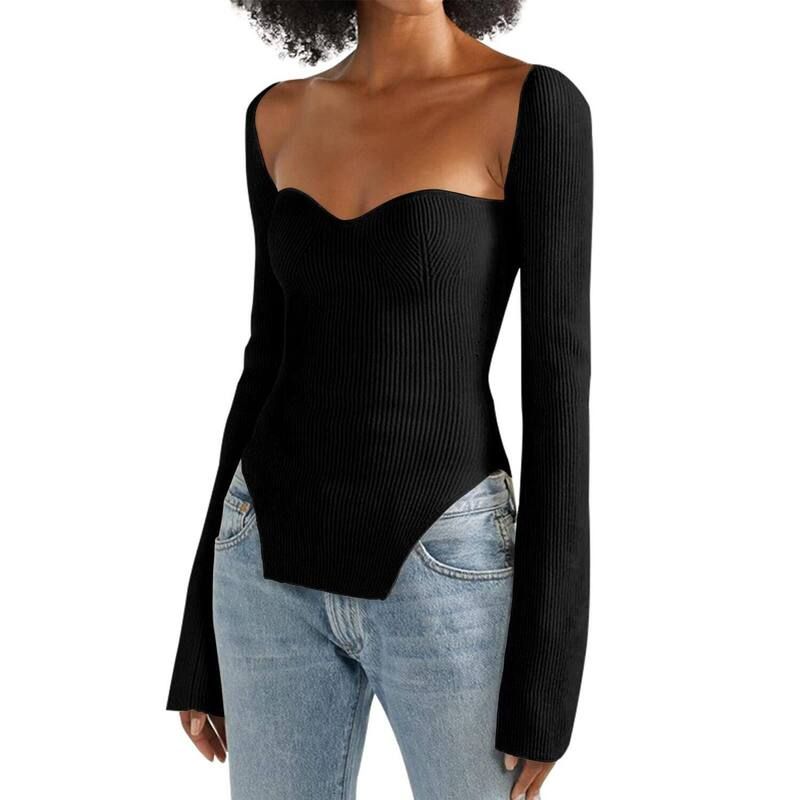 イエスファッション レディース トップス シャツ 背中開き セーター ニット Yesfashion Womens Basic Knit Crop Topslim Fitted Sweater Long