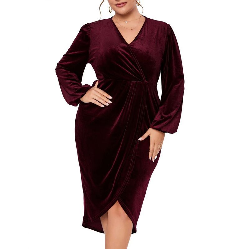 イエスファッション レディース トップス ワンピース Vネック プラスサイズ ギャザー ベルベット Yesfashion Womens Plusize Long Sleevelvet Bodycon